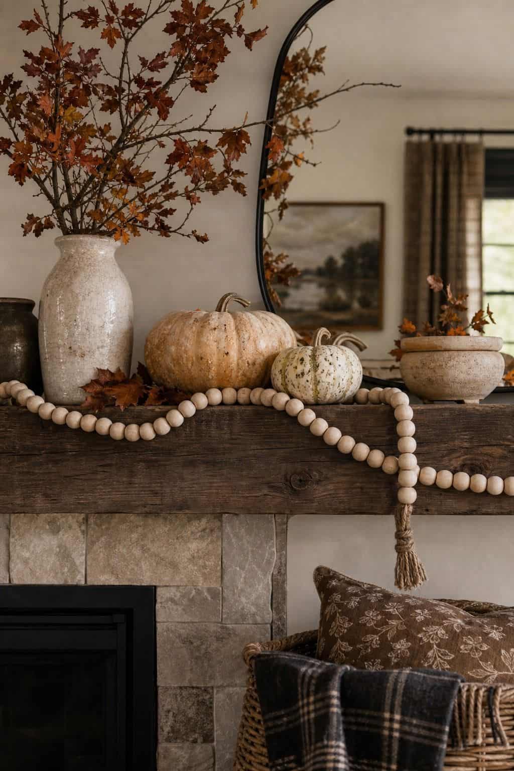 Wood Bead Garland shown as a realistic Pretty Wild World image for 17 Fall Mantle Decor Ideas for a Warm Collected Fireplace.