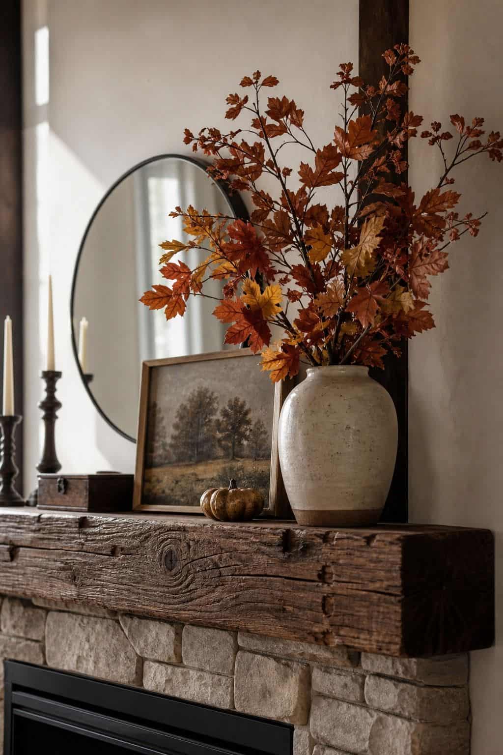 Ceramic Autumn Vase shown as a realistic Pretty Wild World image for 17 Fall Mantle Decor Ideas for a Warm Collected Fireplace.