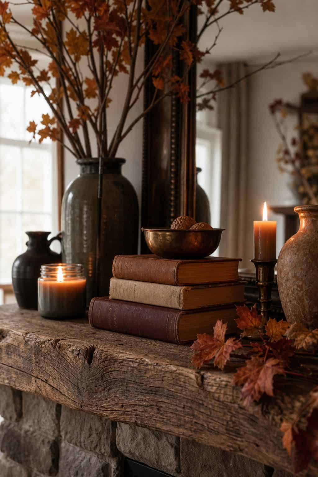 Stacked Books in Warm Tones shown as a realistic Pretty Wild World image for 17 Fall Mantle Decor Ideas for a Warm Collected Fireplace.