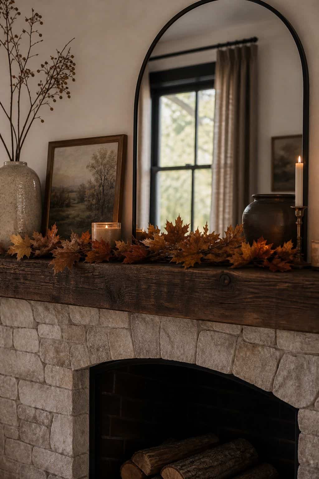 Low Leaf Garland shown as a realistic Pretty Wild World image for 17 Fall Mantle Decor Ideas for a Warm Collected Fireplace.