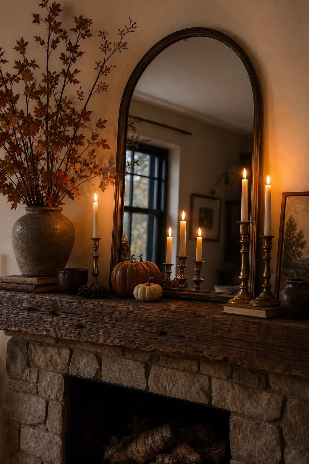 Mirror With Candlelight shown as a realistic Pretty Wild World image for 17 Fall Mantle Decor Ideas for a Warm Collected Fireplace.
