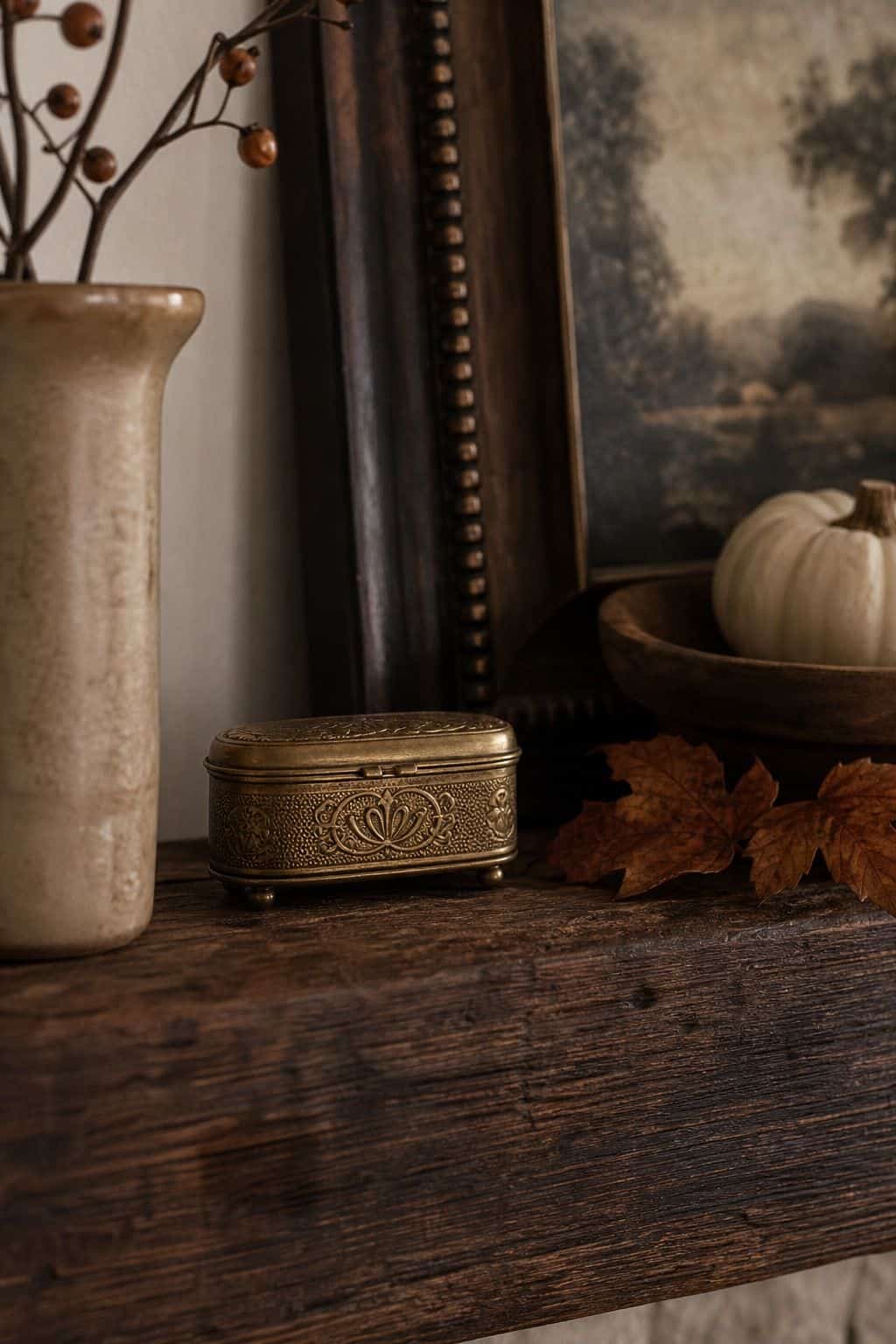 Tiny Heirloom Object shown as a realistic Pretty Wild World image for 17 Fall Mantle Decor Ideas for a Warm Collected Fireplace.