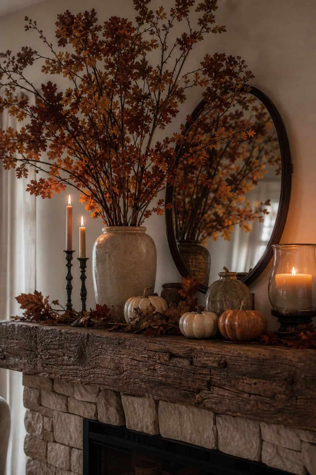 Thanksgiving Branch Swap shown as a realistic Pretty Wild World image for 17 Fall Mantle Decor Ideas for a Warm Collected Fireplace.