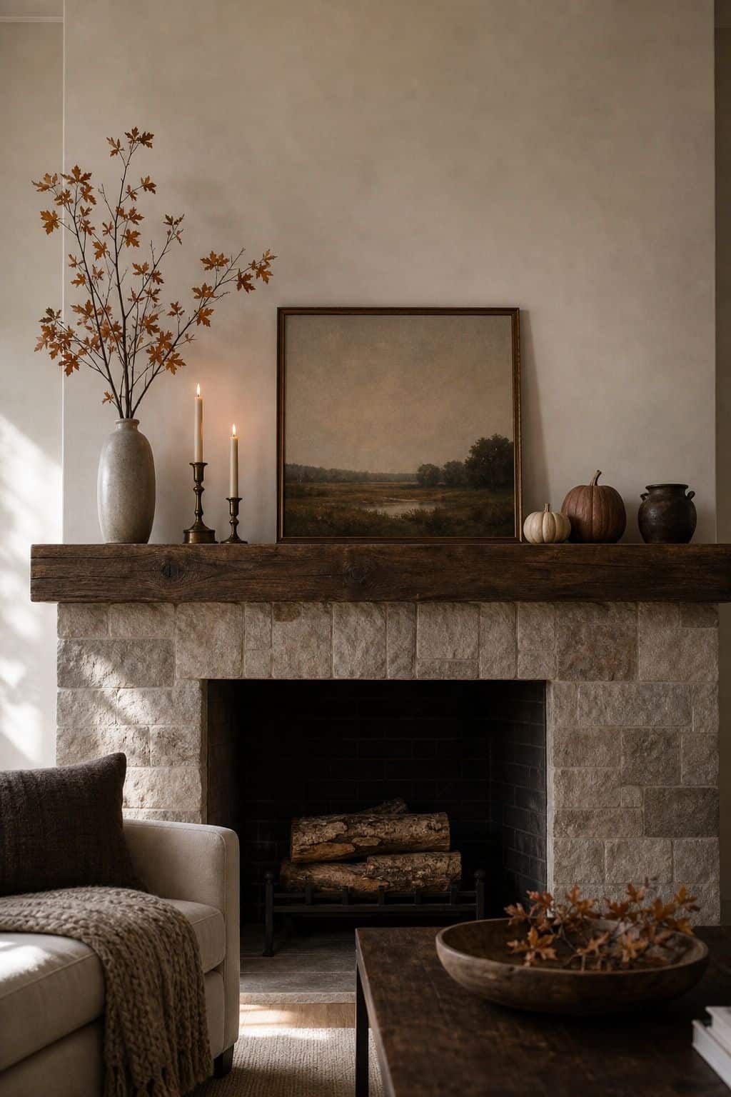 Mantel With Room to Breathe shown as a realistic Pretty Wild World image for 17 Fall Mantle Decor Ideas for a Warm Collected Fireplace.