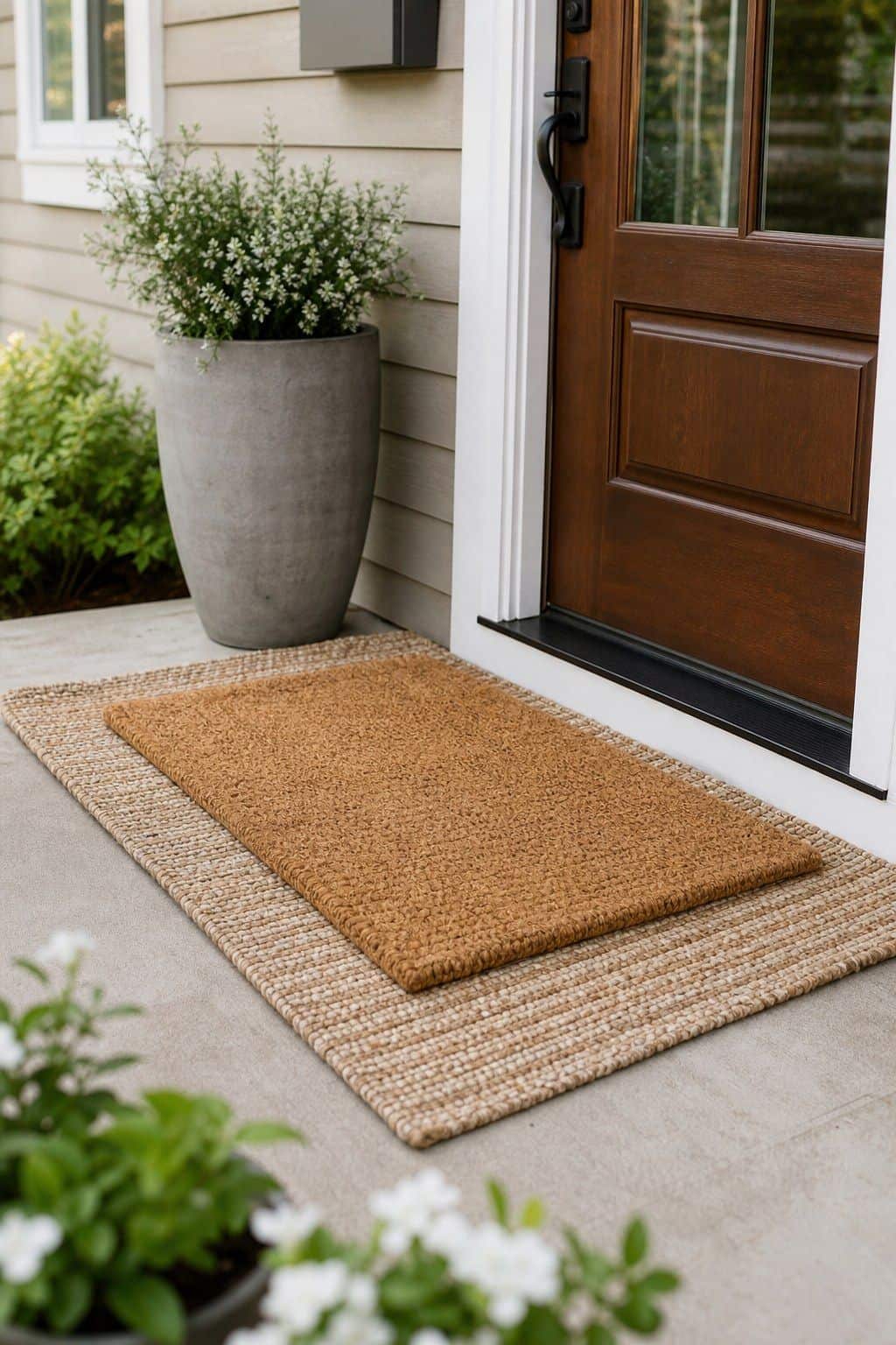 Layered Doormat shown as a realistic Pretty Wild World image for 18 Front Porch Spring Decor Ideas With Fresh Curb Appeal.