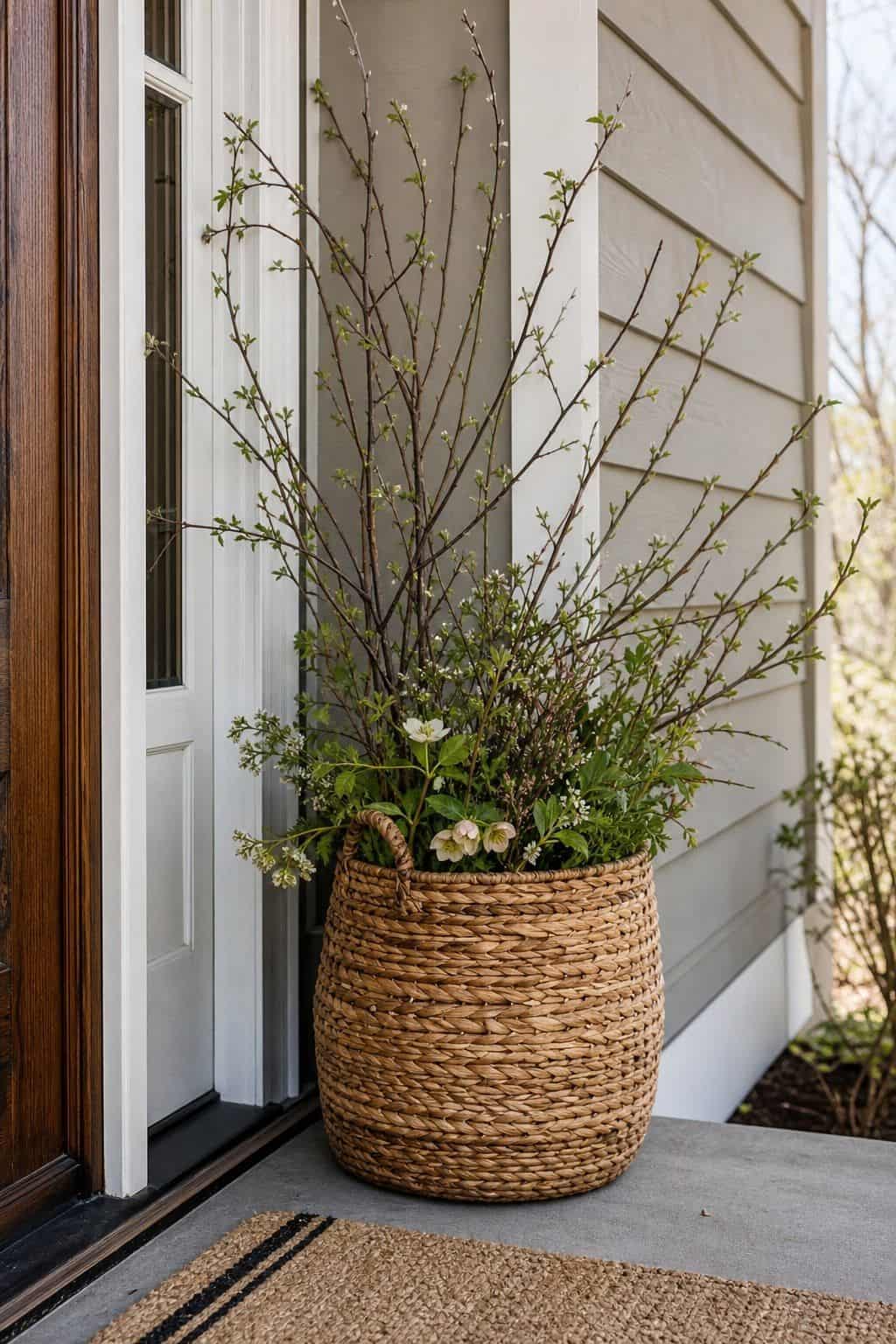 Porch Basket With Branches shown as a realistic Pretty Wild World image for 18 Front Porch Spring Decor Ideas With Fresh Curb Appeal.