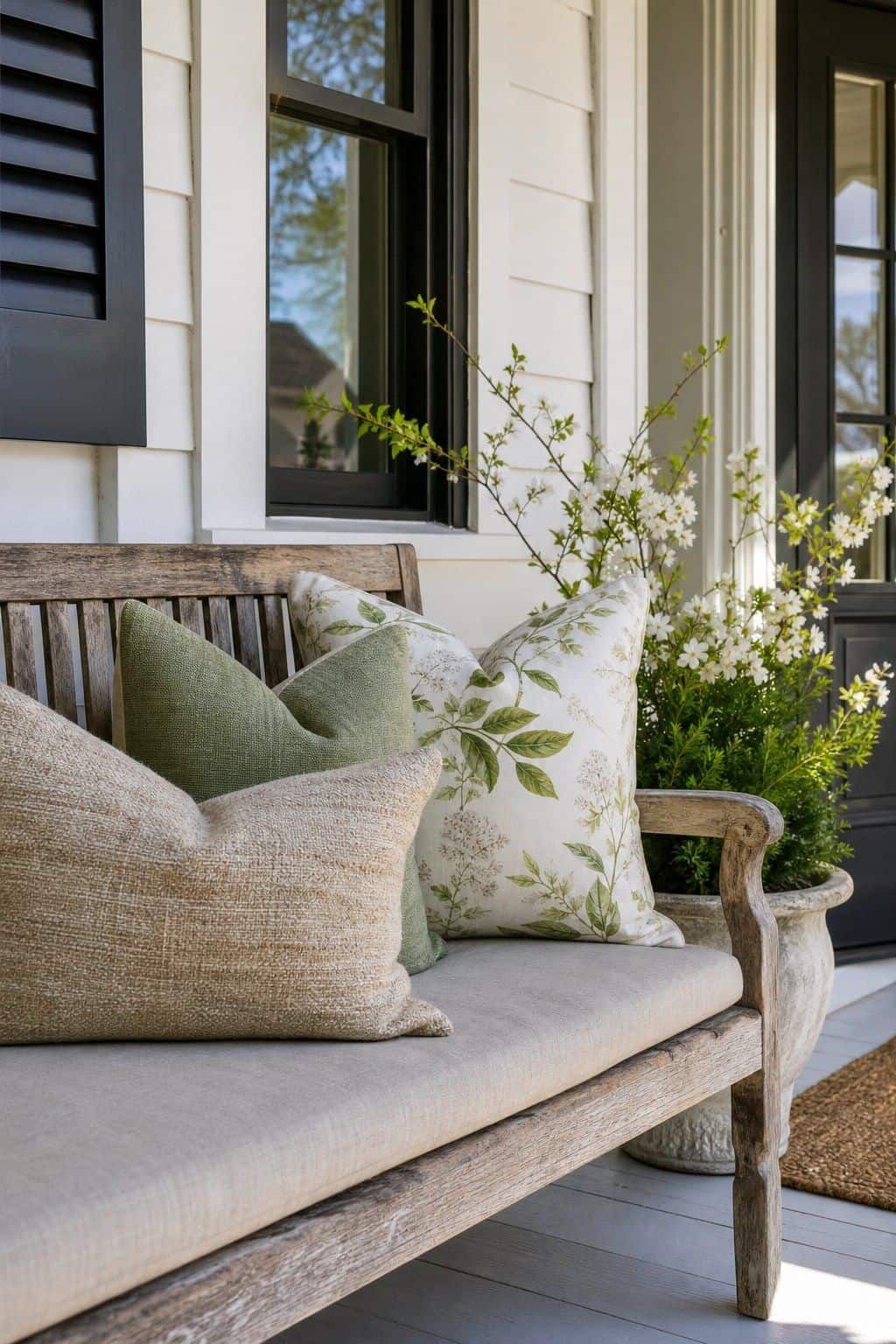 Outdoor Pillow Swap shown as a realistic Pretty Wild World image for 18 Front Porch Spring Decor Ideas With Fresh Curb Appeal.