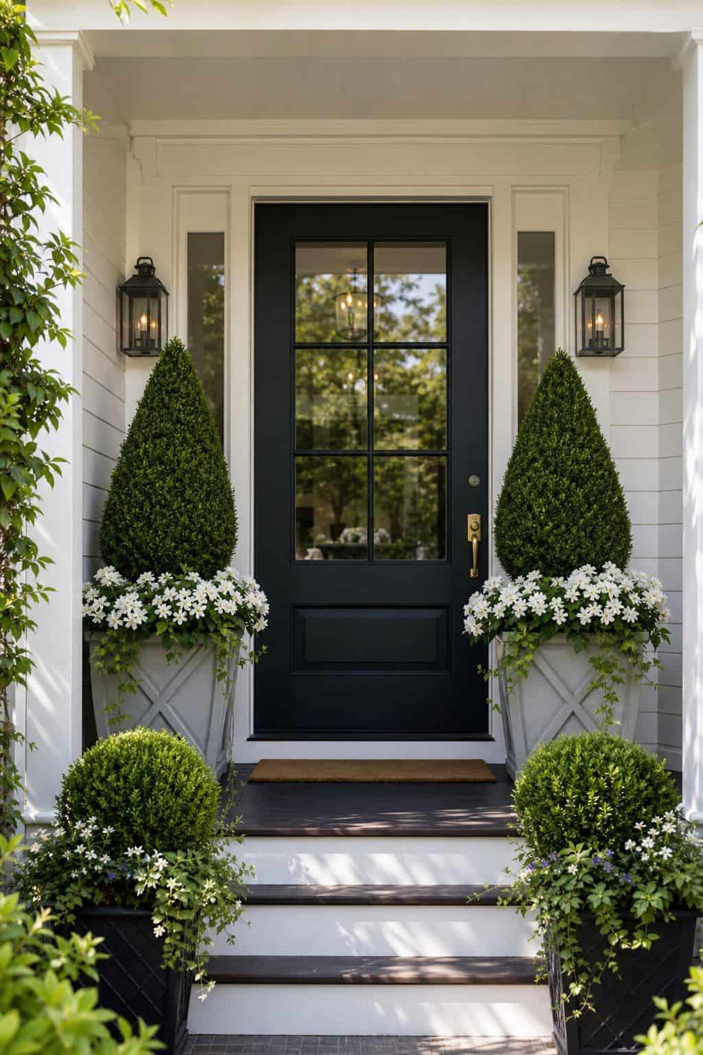 Symmetrical Greenery shown as a realistic Pretty Wild World image for 18 Front Porch Spring Decor Ideas With Fresh Curb Appeal.