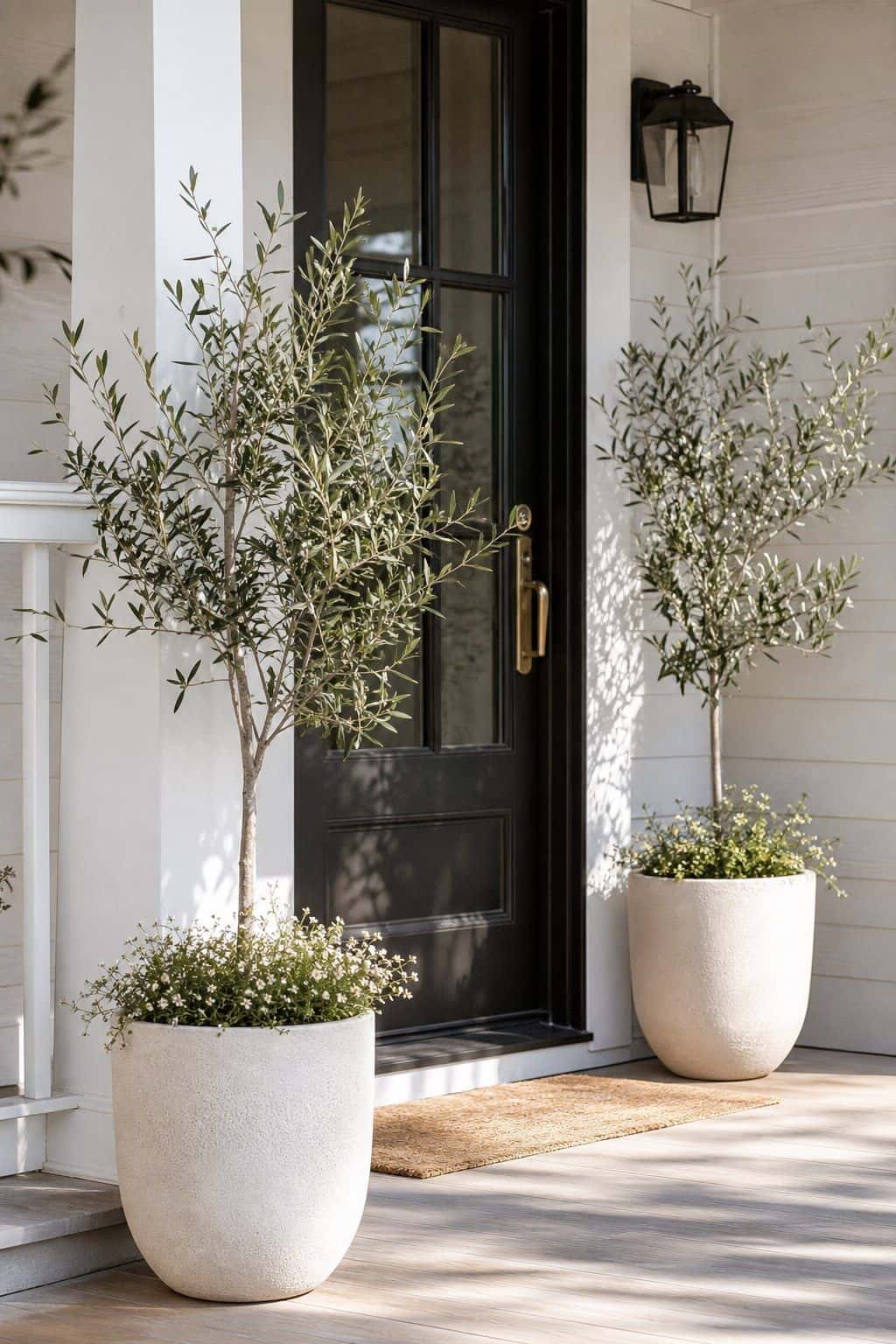 Olive Tree Pair shown as a realistic Pretty Wild World image for 18 Front Porch Spring Decor Ideas With Fresh Curb Appeal.