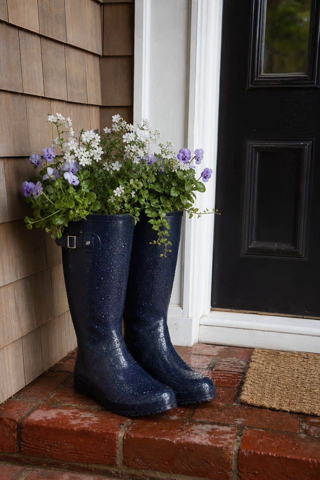 Rain Boot Planter shown as a realistic Pretty Wild World image for 18 Front Porch Spring Decor Ideas With Fresh Curb Appeal.