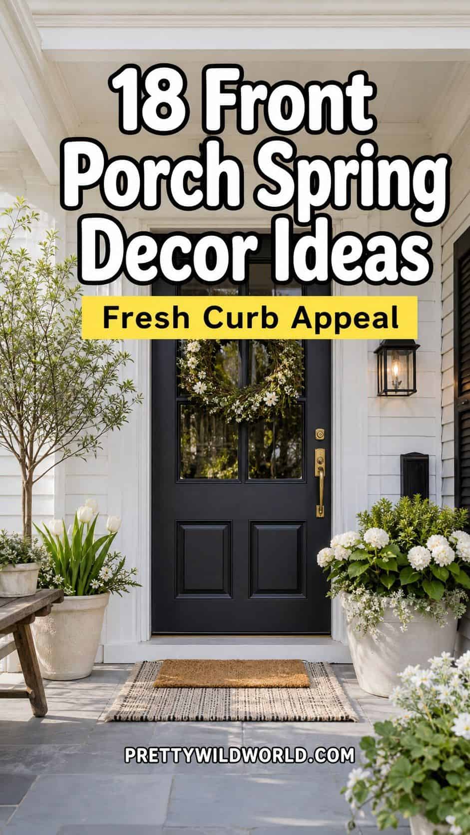 Pinterest pin for 18 Front Porch Spring Decor Ideas With Fresh Curb Appeal from Pretty Wild World.