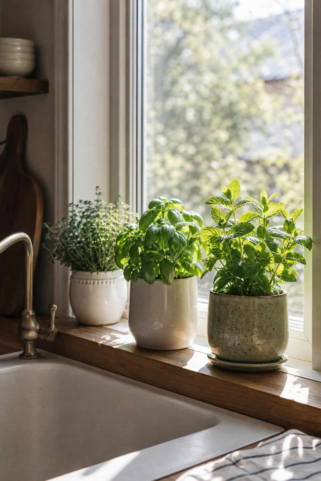 Herb Windowsill shown as a realistic Pretty Wild World image for 15 Spring Kitchen Decor Ideas for a Fresh Cheerful Refresh.