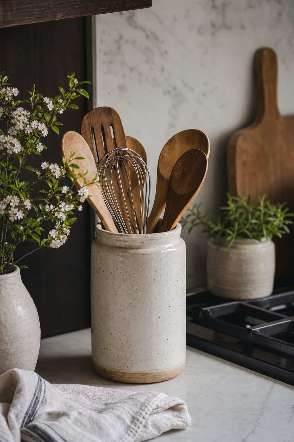 Ceramic Utensil Crock shown as a realistic Pretty Wild World image for 15 Spring Kitchen Decor Ideas for a Fresh Cheerful Refresh.