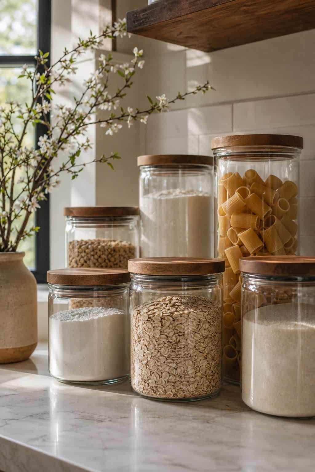 Glass Canisters shown as a realistic Pretty Wild World image for 15 Spring Kitchen Decor Ideas for a Fresh Cheerful Refresh.