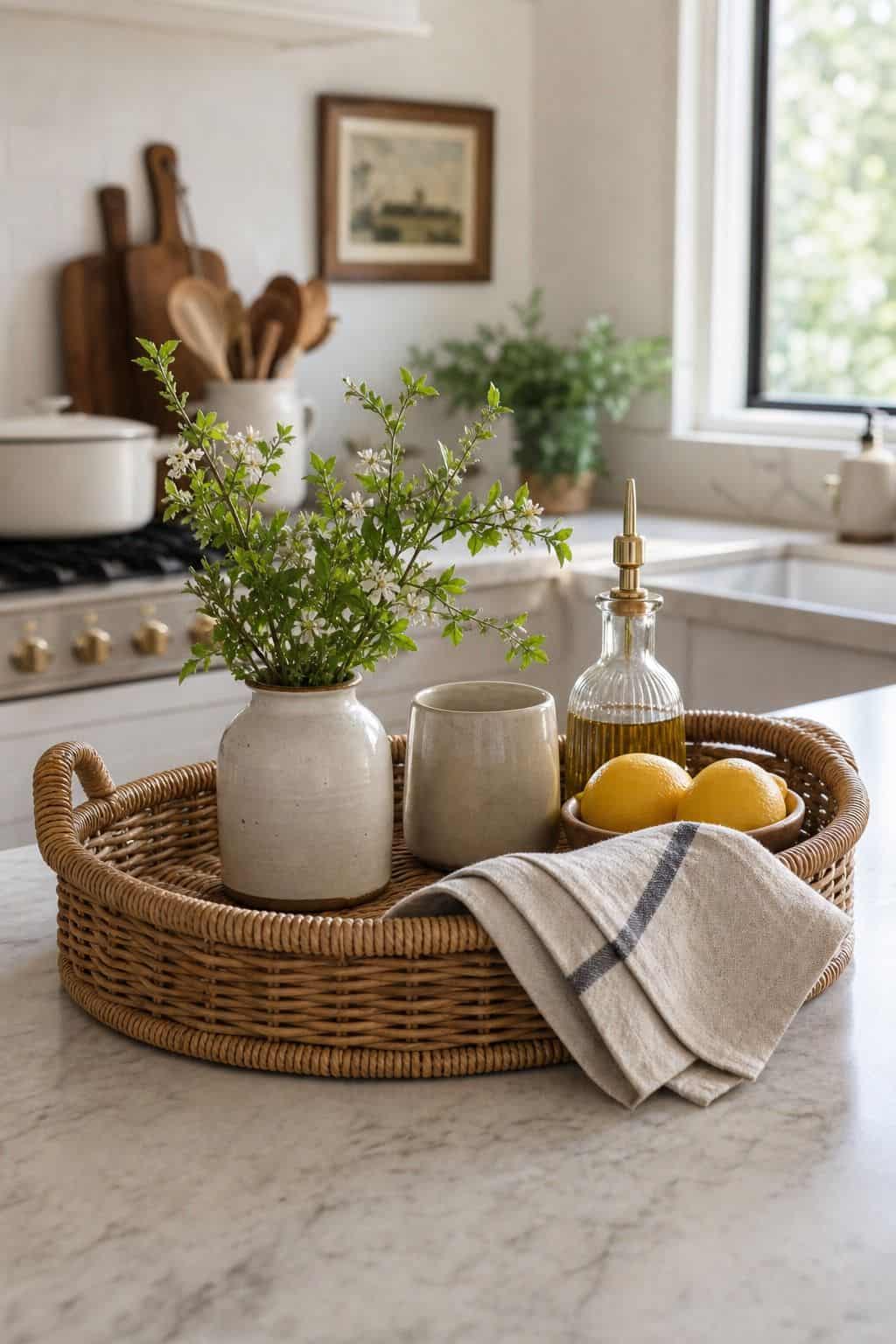 Rattan Counter Tray shown as a realistic Pretty Wild World image for 15 Spring Kitchen Decor Ideas for a Fresh Cheerful Refresh.