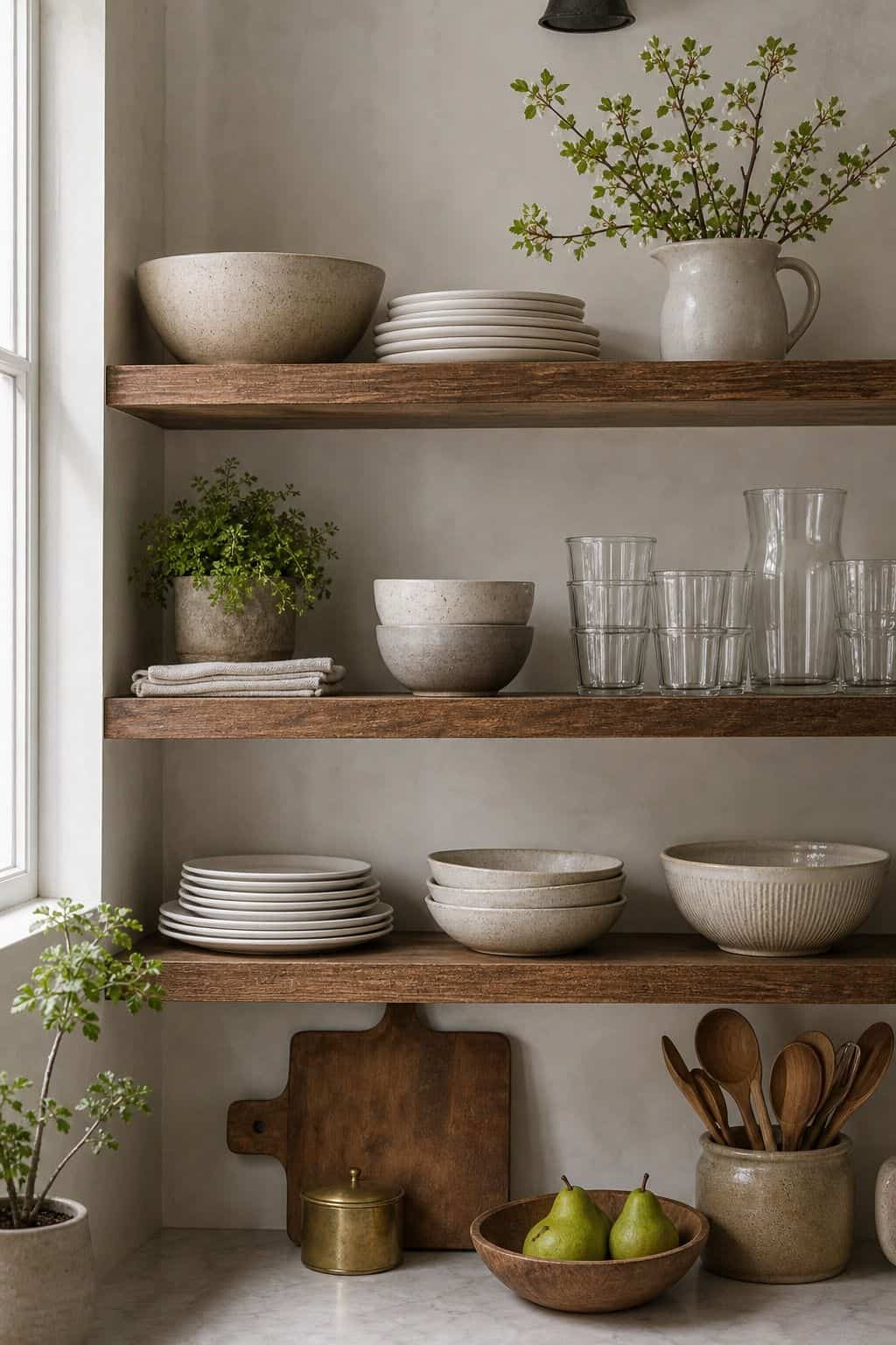 Open Shelf Edit shown as a realistic Pretty Wild World image for 15 Spring Kitchen Decor Ideas for a Fresh Cheerful Refresh.