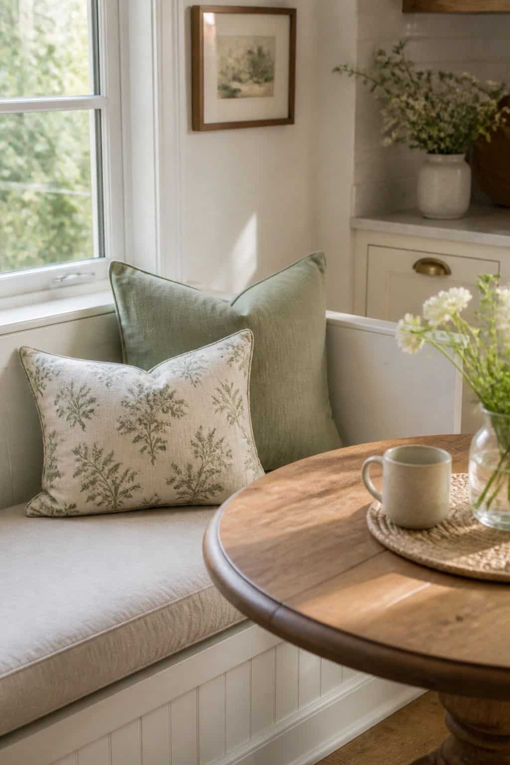 Breakfast Nook Pillow shown as a realistic Pretty Wild World image for 15 Spring Kitchen Decor Ideas for a Fresh Cheerful Refresh.