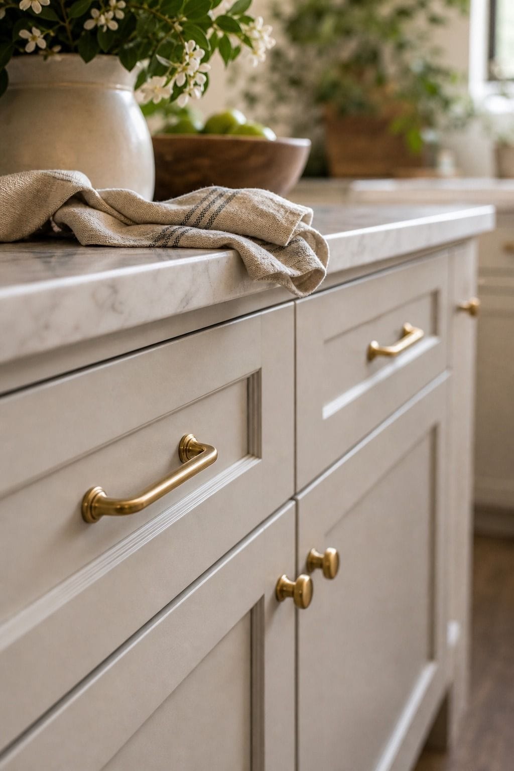 Brass Hardware Touch shown as a realistic Pretty Wild World image for 15 Spring Kitchen Decor Ideas for a Fresh Cheerful Refresh.