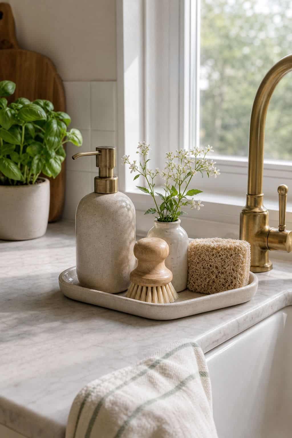 Soap and Brush Tray shown as a realistic Pretty Wild World image for 15 Spring Kitchen Decor Ideas for a Fresh Cheerful Refresh.