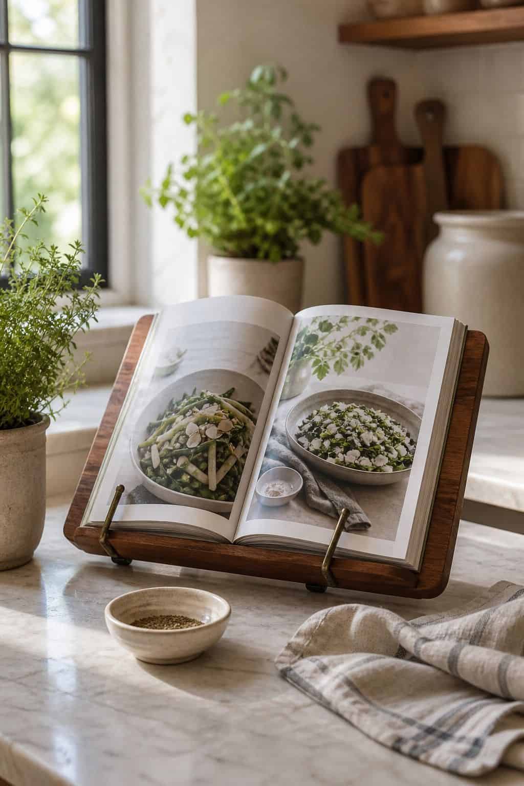Cookbook Stand shown as a realistic Pretty Wild World image for 15 Spring Kitchen Decor Ideas for a Fresh Cheerful Refresh.