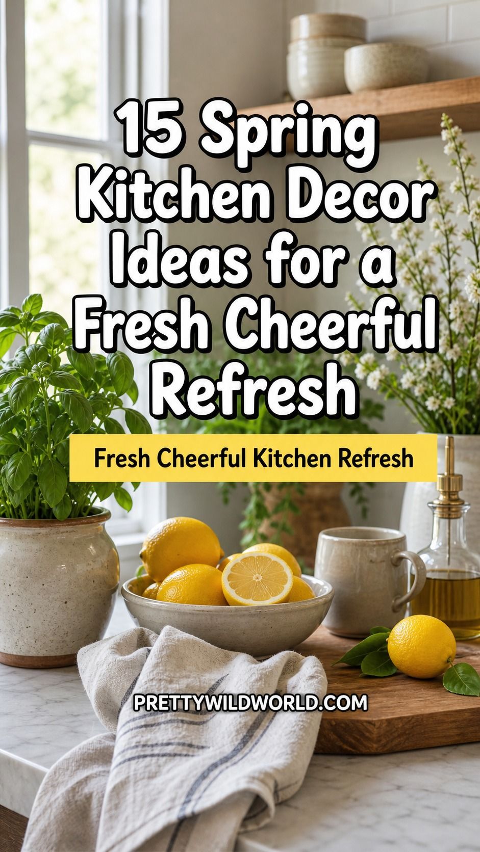 Pinterest pin for 15 Spring Kitchen Decor Ideas for a Fresh Cheerful Refresh from Pretty Wild World.
