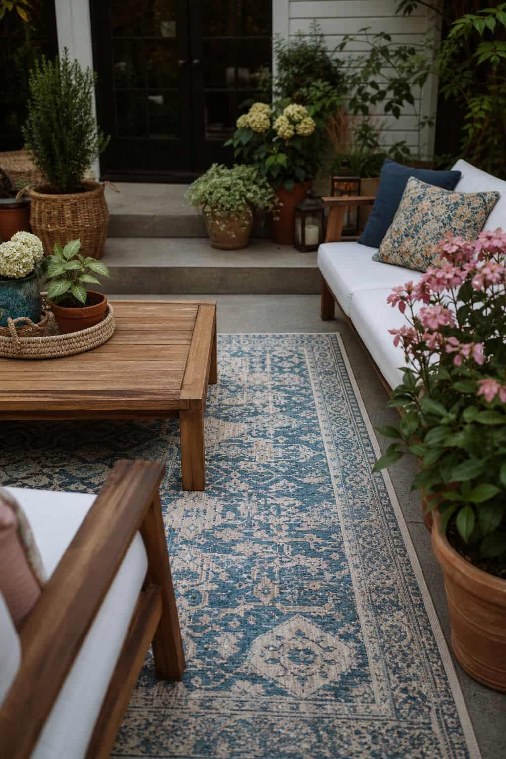 Washable Outdoor Rug shown as a realistic Pretty Wild World image for 20 Summer Garden Decor Ideas for a Relaxed Outdoor Escape.