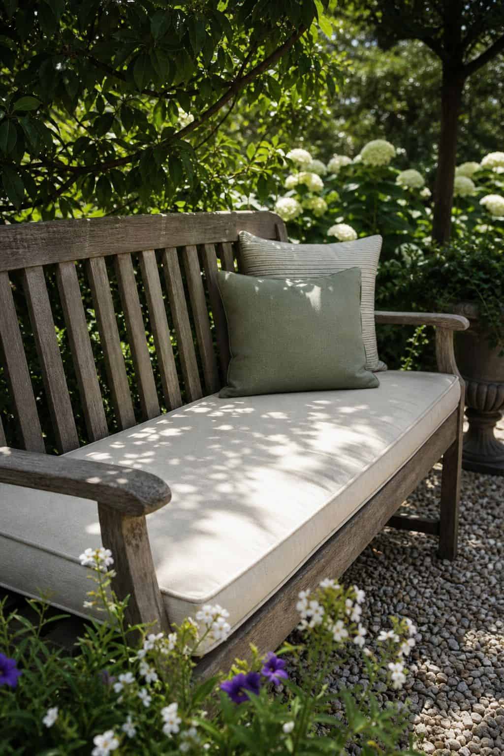 Garden Bench Cushion shown as a realistic Pretty Wild World image for 20 Summer Garden Decor Ideas for a Relaxed Outdoor Escape.