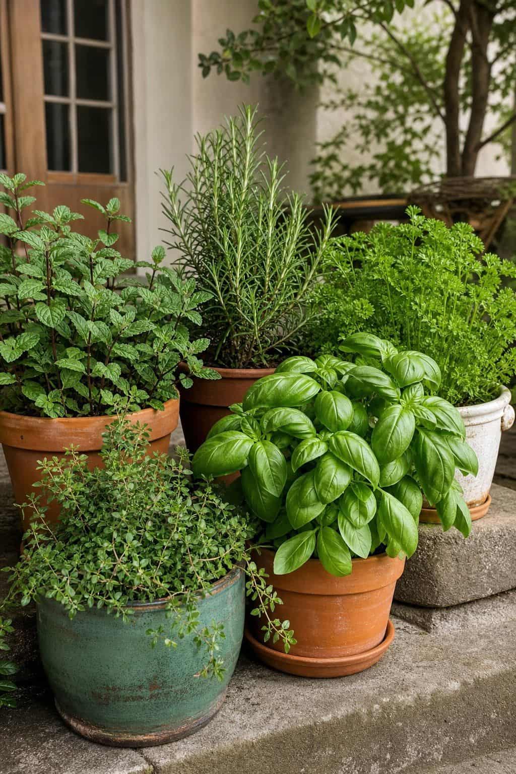 Herb Pot Cluster shown as a realistic Pretty Wild World image for 20 Summer Garden Decor Ideas for a Relaxed Outdoor Escape.