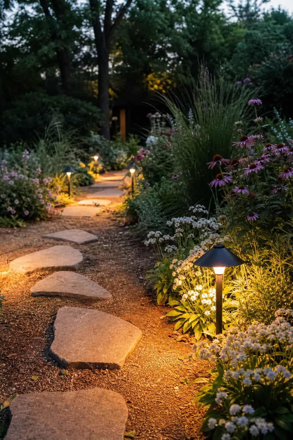 Pathway Light Line shown as a realistic Pretty Wild World image for 20 Summer Garden Decor Ideas for a Relaxed Outdoor Escape.