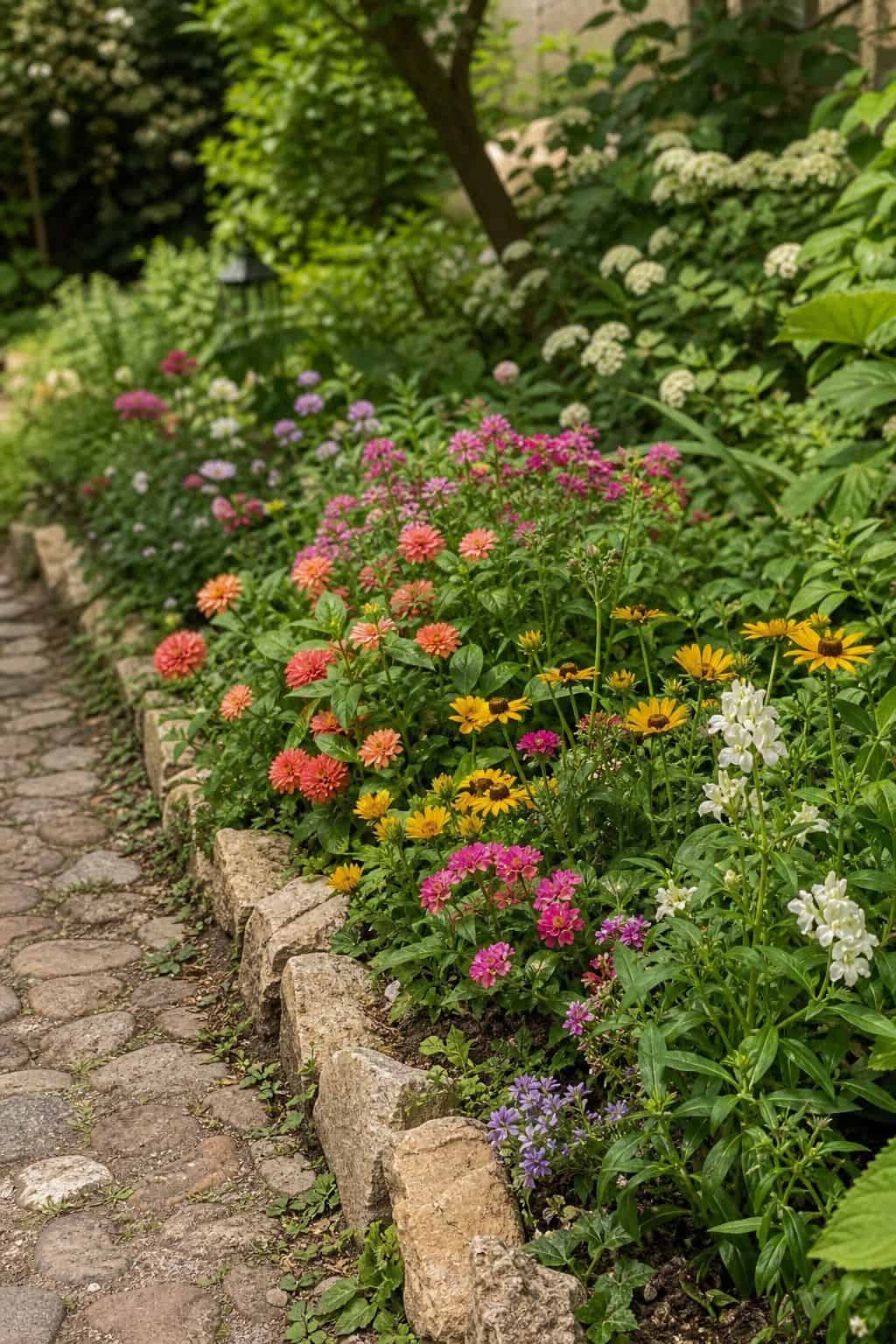 Low Flower Border shown as a realistic Pretty Wild World image for 20 Summer Garden Decor Ideas for a Relaxed Outdoor Escape.