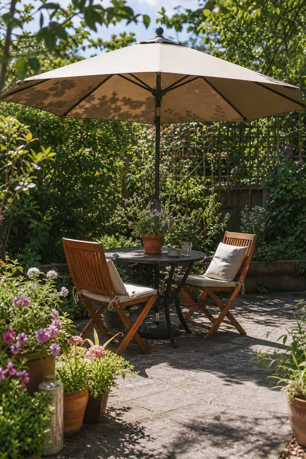 Shade Umbrella Spot shown as a realistic Pretty Wild World image for 20 Summer Garden Decor Ideas for a Relaxed Outdoor Escape.