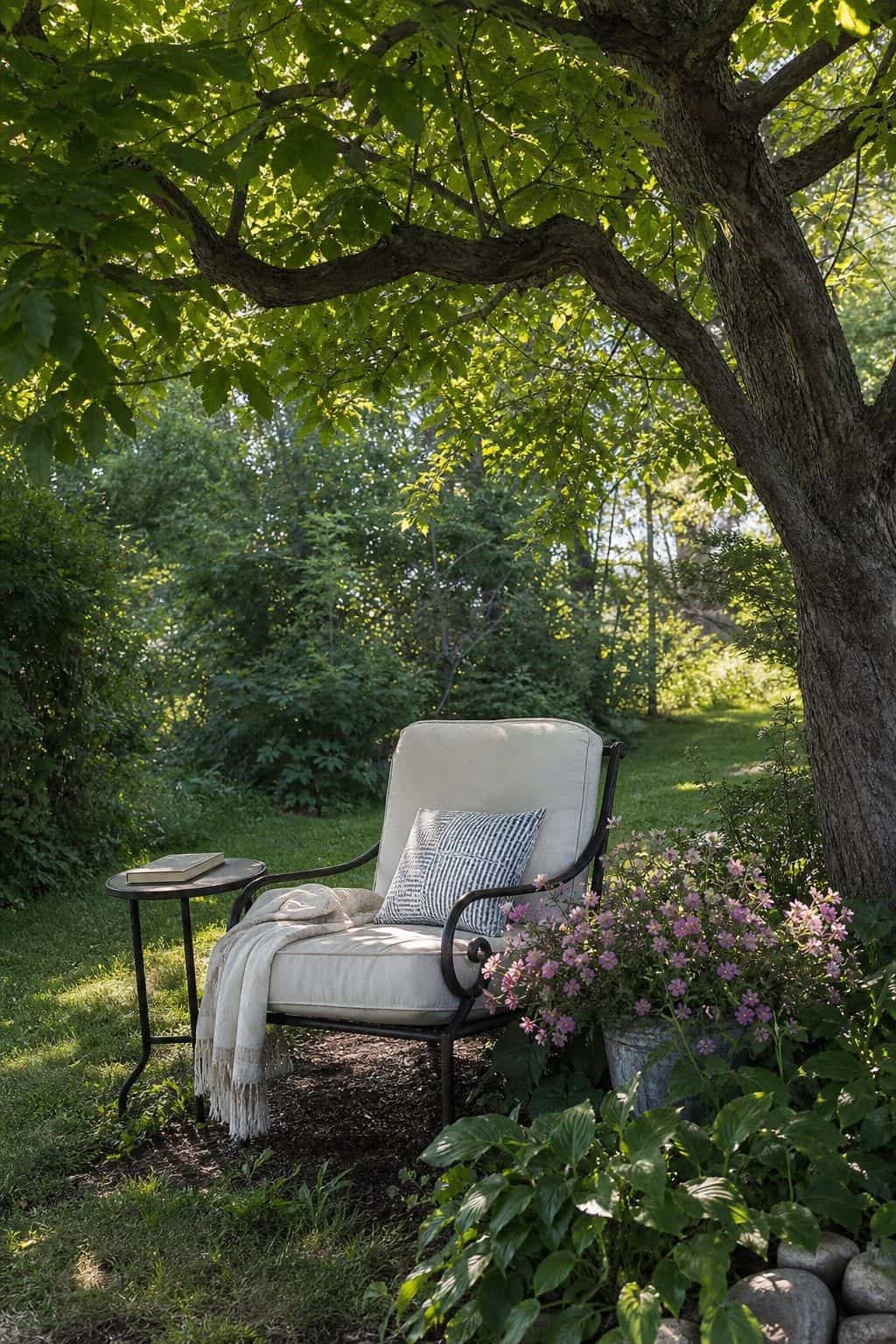 Reading Chair Under a Tree shown as a realistic Pretty Wild World image for 20 Summer Garden Decor Ideas for a Relaxed Outdoor Escape.