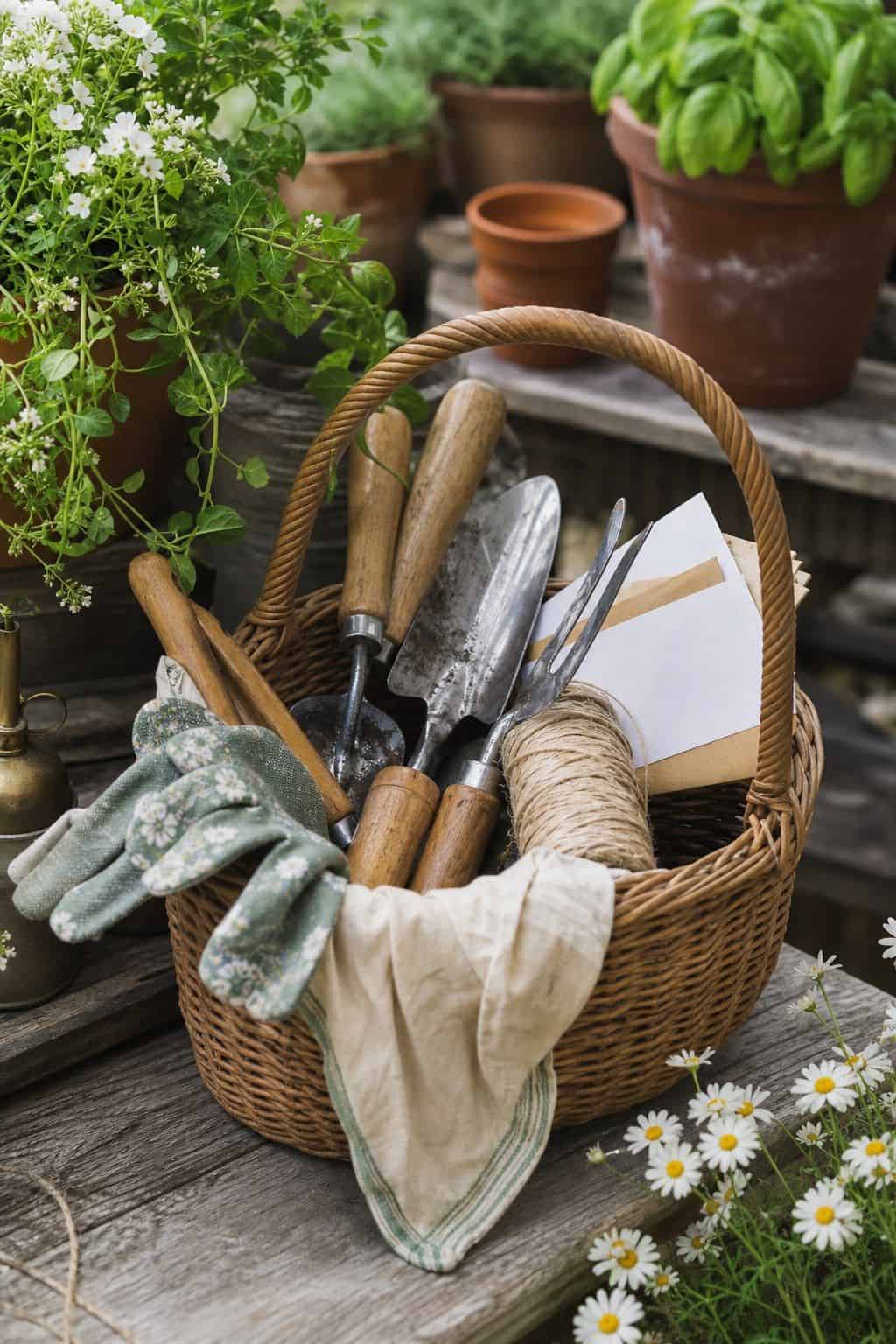 Basket for Garden Tools shown as a realistic Pretty Wild World image for 20 Summer Garden Decor Ideas for a Relaxed Outdoor Escape.