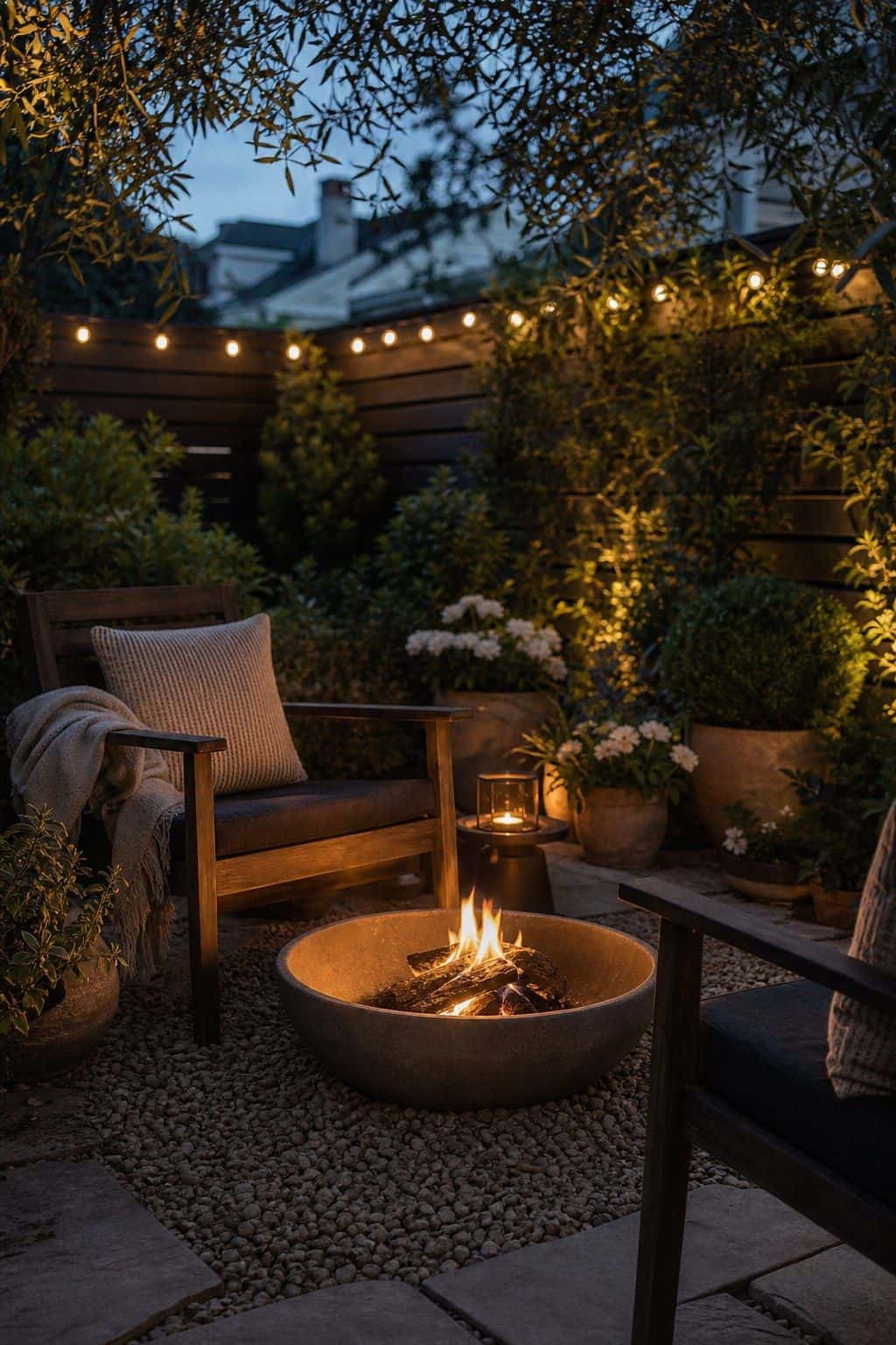 Evening Fire Bowl Area shown as a realistic Pretty Wild World image for 20 Summer Garden Decor Ideas for a Relaxed Outdoor Escape.