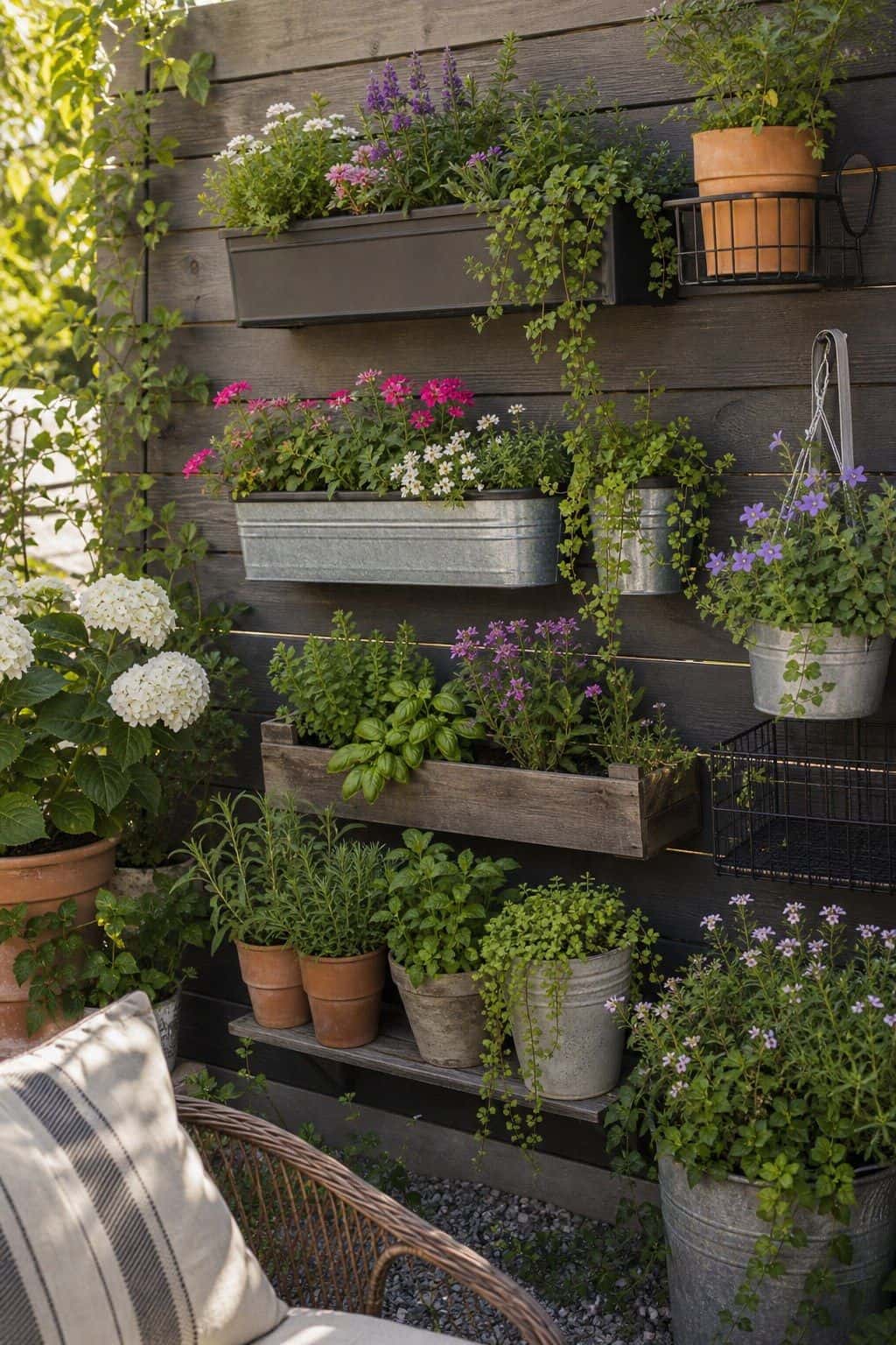 Container Garden Wall shown as a realistic Pretty Wild World image for 20 Summer Garden Decor Ideas for a Relaxed Outdoor Escape.