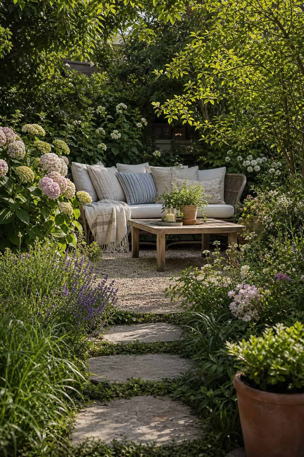 Garden That Invites Sitting shown as a realistic Pretty Wild World image for 20 Summer Garden Decor Ideas for a Relaxed Outdoor Escape.