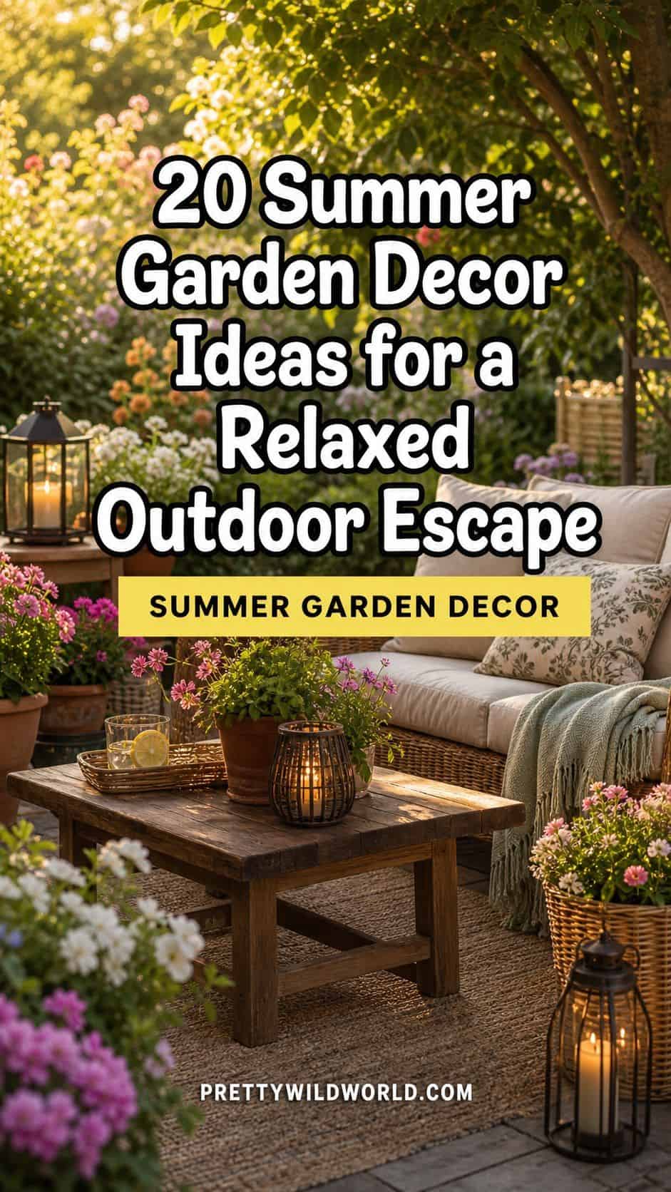 Pinterest pin for 20 Summer Garden Decor Ideas for a Relaxed Outdoor Escape from Pretty Wild World.