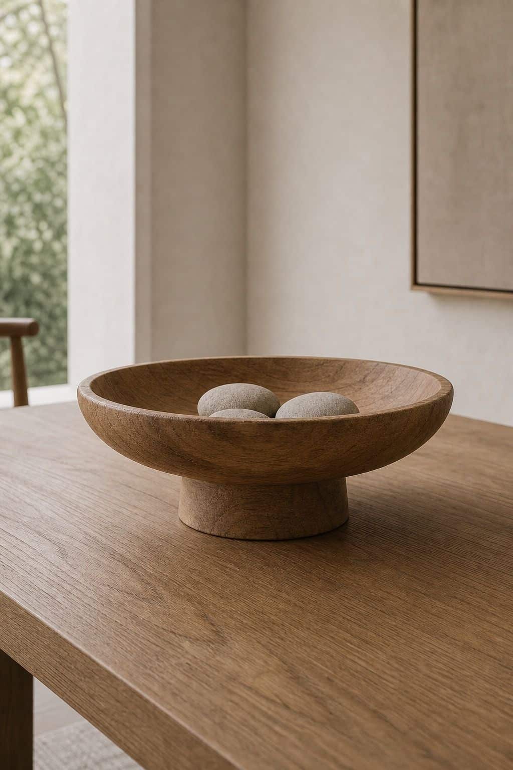 Wood Pedestal Bowl shown as a realistic Pretty Wild World image for 18 Zen Chic Home Decor Ideas for a Calm Polished Home.