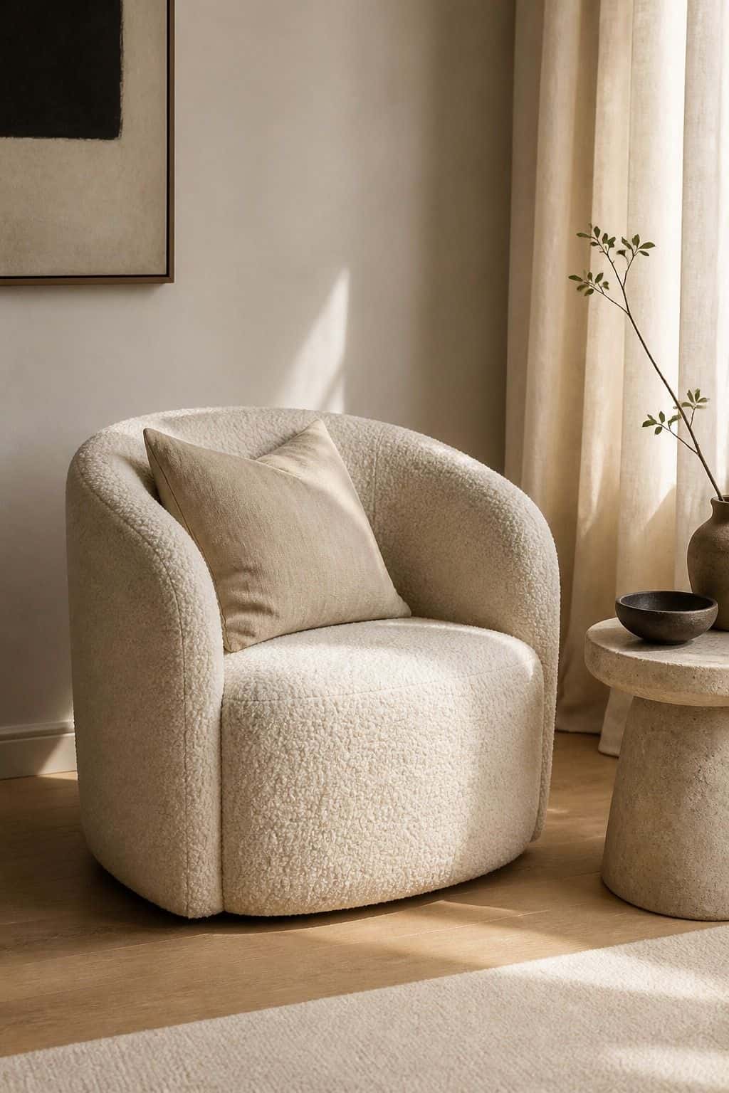 Boucle Accent Chair shown as a realistic Pretty Wild World image for 18 Zen Chic Home Decor Ideas for a Calm Polished Home.