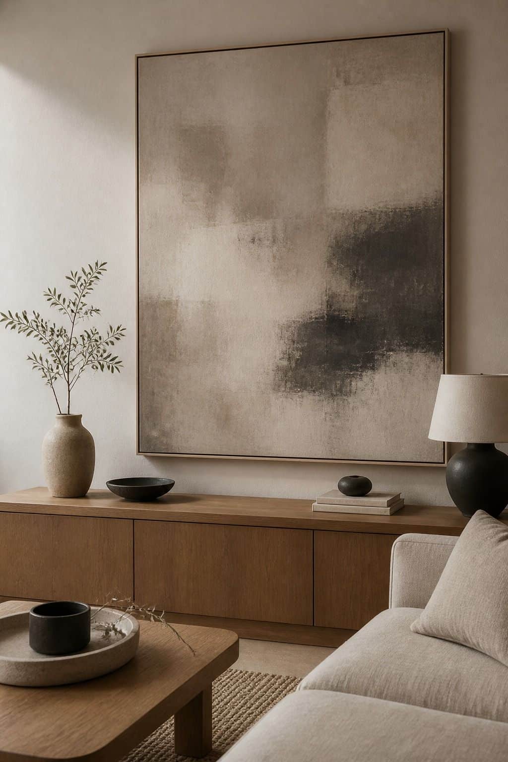 Oversized Neutral Art shown as a realistic Pretty Wild World image for 18 Zen Chic Home Decor Ideas for a Calm Polished Home.