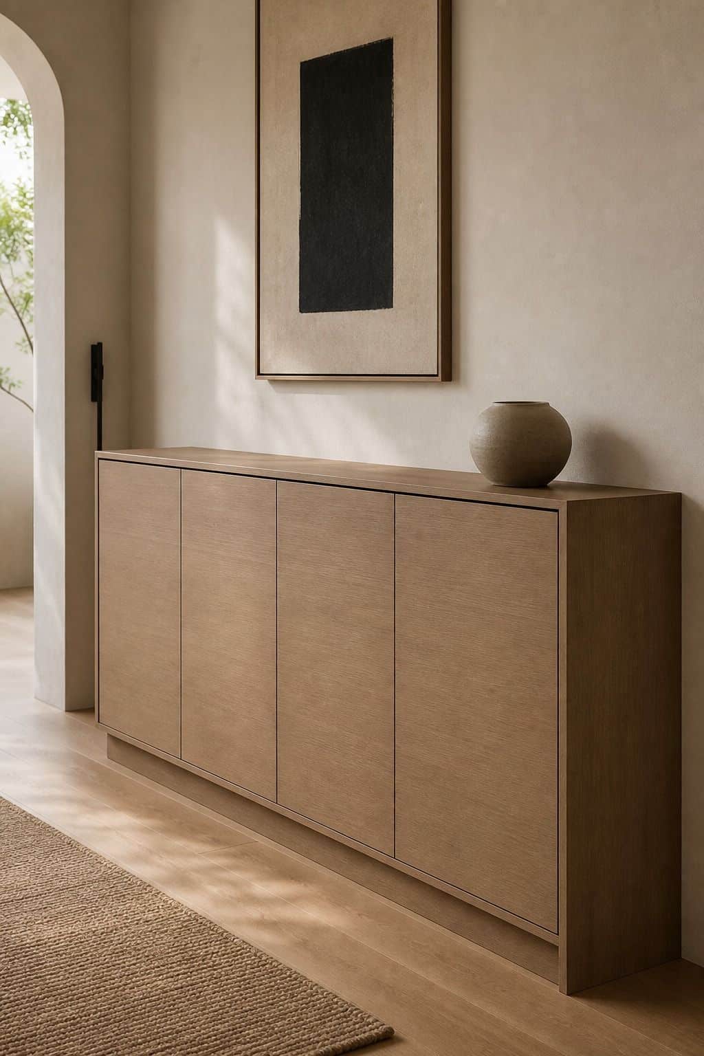 Hidden Storage Cabinet shown as a realistic Pretty Wild World image for 18 Zen Chic Home Decor Ideas for a Calm Polished Home.