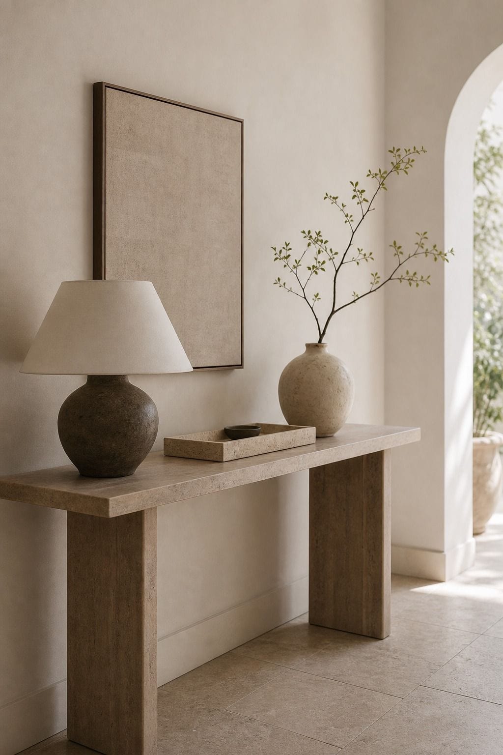 Quiet Console Styling shown as a realistic Pretty Wild World image for 18 Zen Chic Home Decor Ideas for a Calm Polished Home.