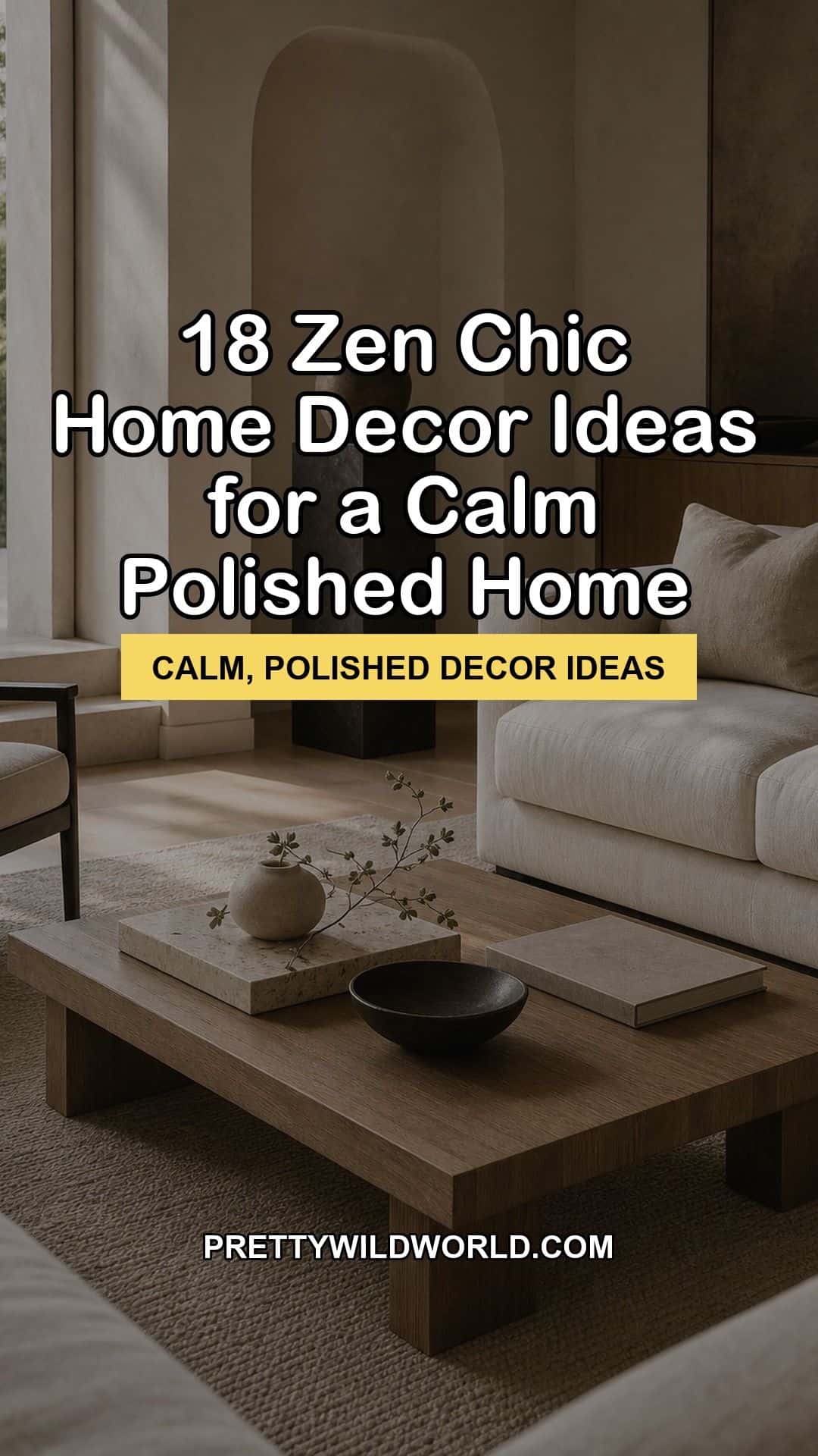 Pinterest pin for 18 Zen Chic Home Decor Ideas for a Calm Polished Home from Pretty Wild World.