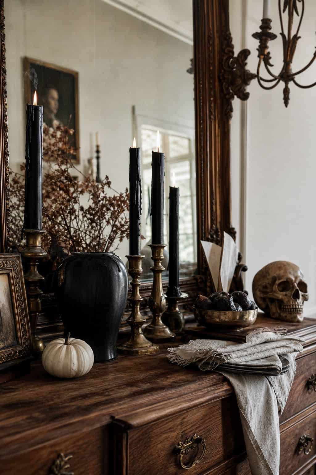 Black taper candles in antique brass holders styled for elegant Halloween decor