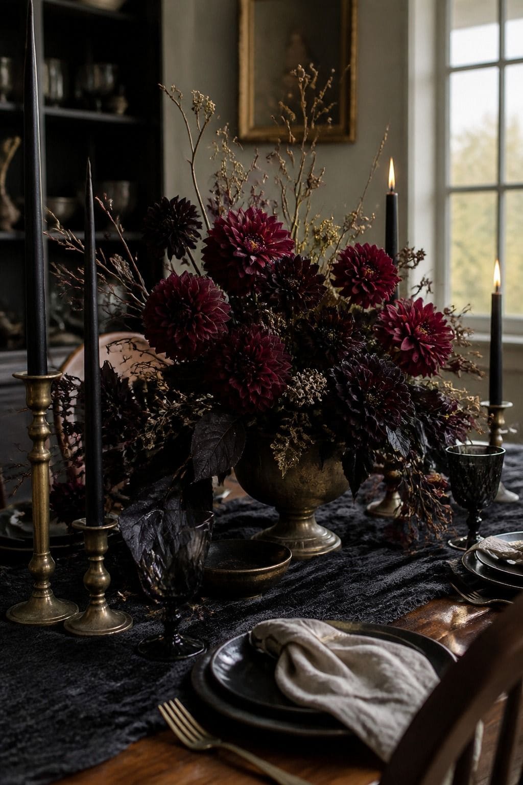 Dark floral centerpiece with moody Halloween table styling