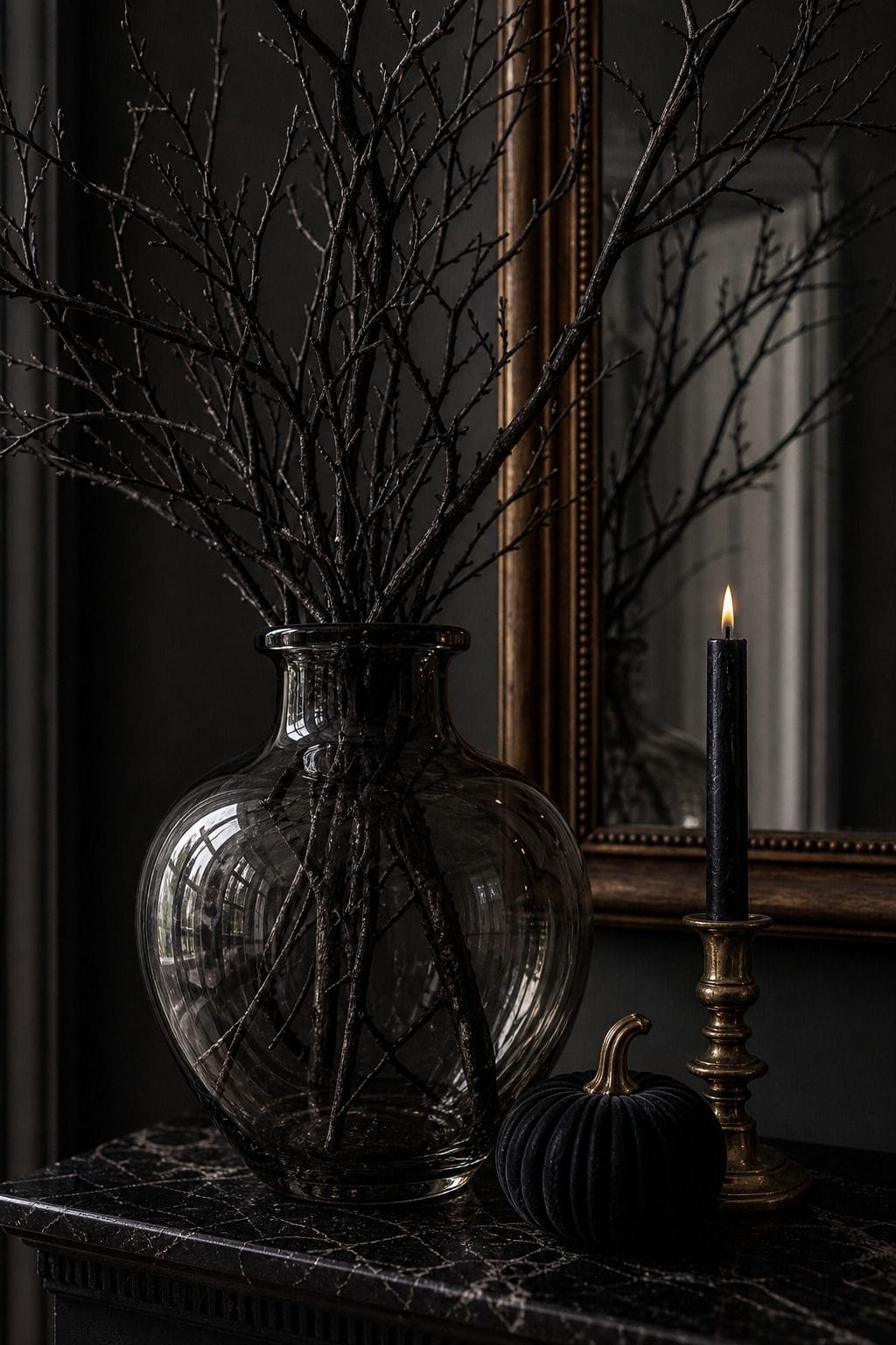 Smoky glass vase styled with subtle elegant Halloween decor