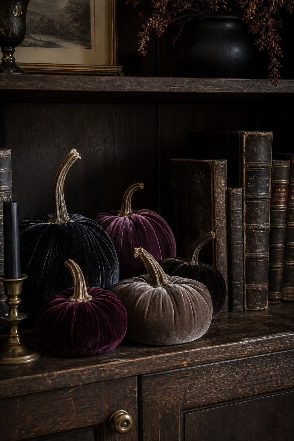Velvet pumpkin cluster styled for refined Halloween home decor