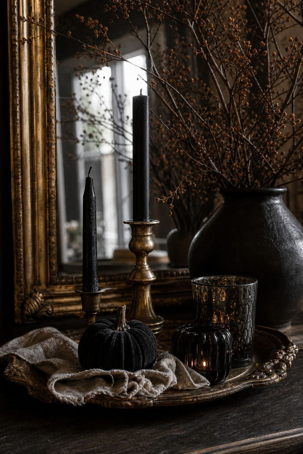 Antique gold tray styled with candles and elegant Halloween accents