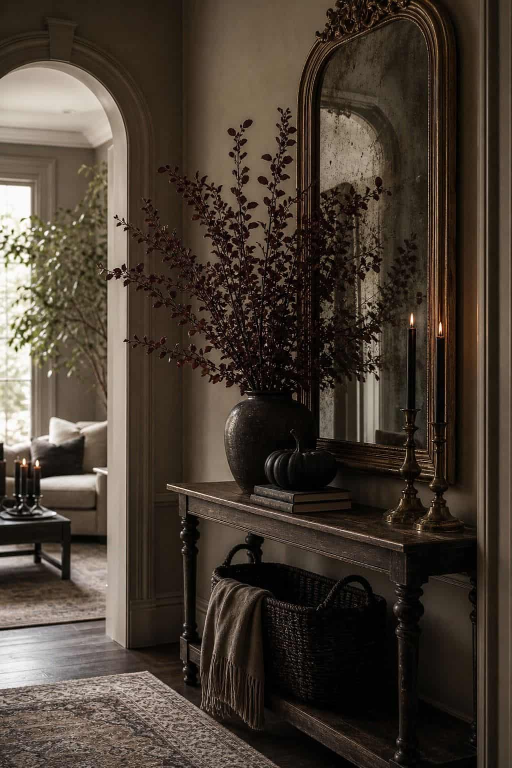 Moody entry console styled with sophisticated Halloween decor