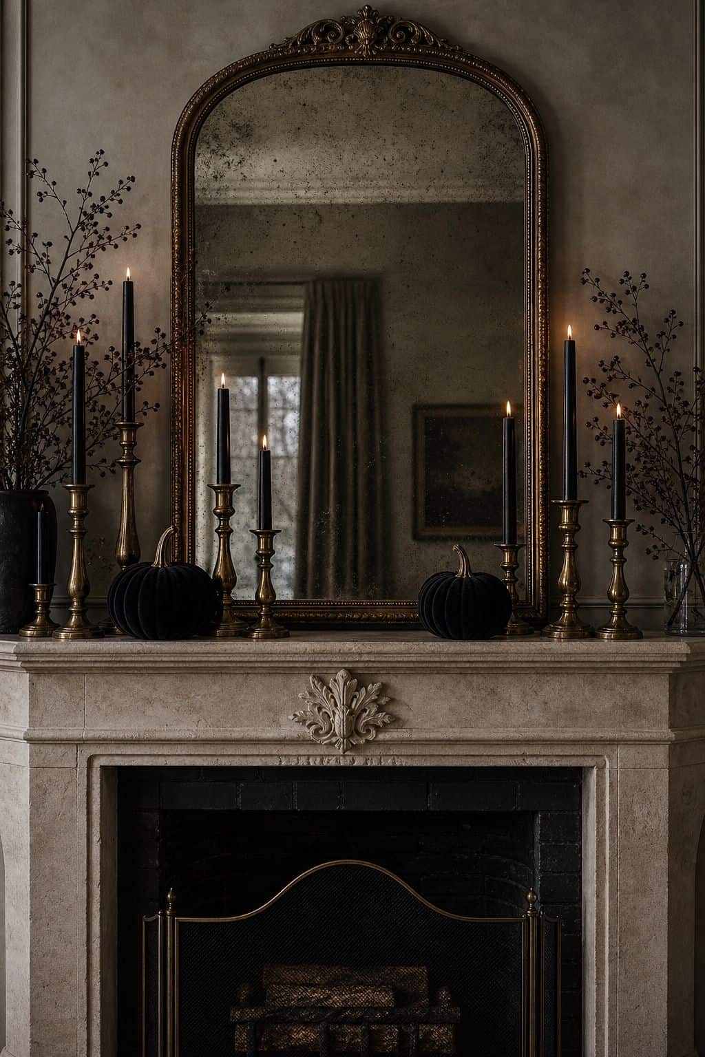 Elegant Halloween mantel with rhythmic candle styling